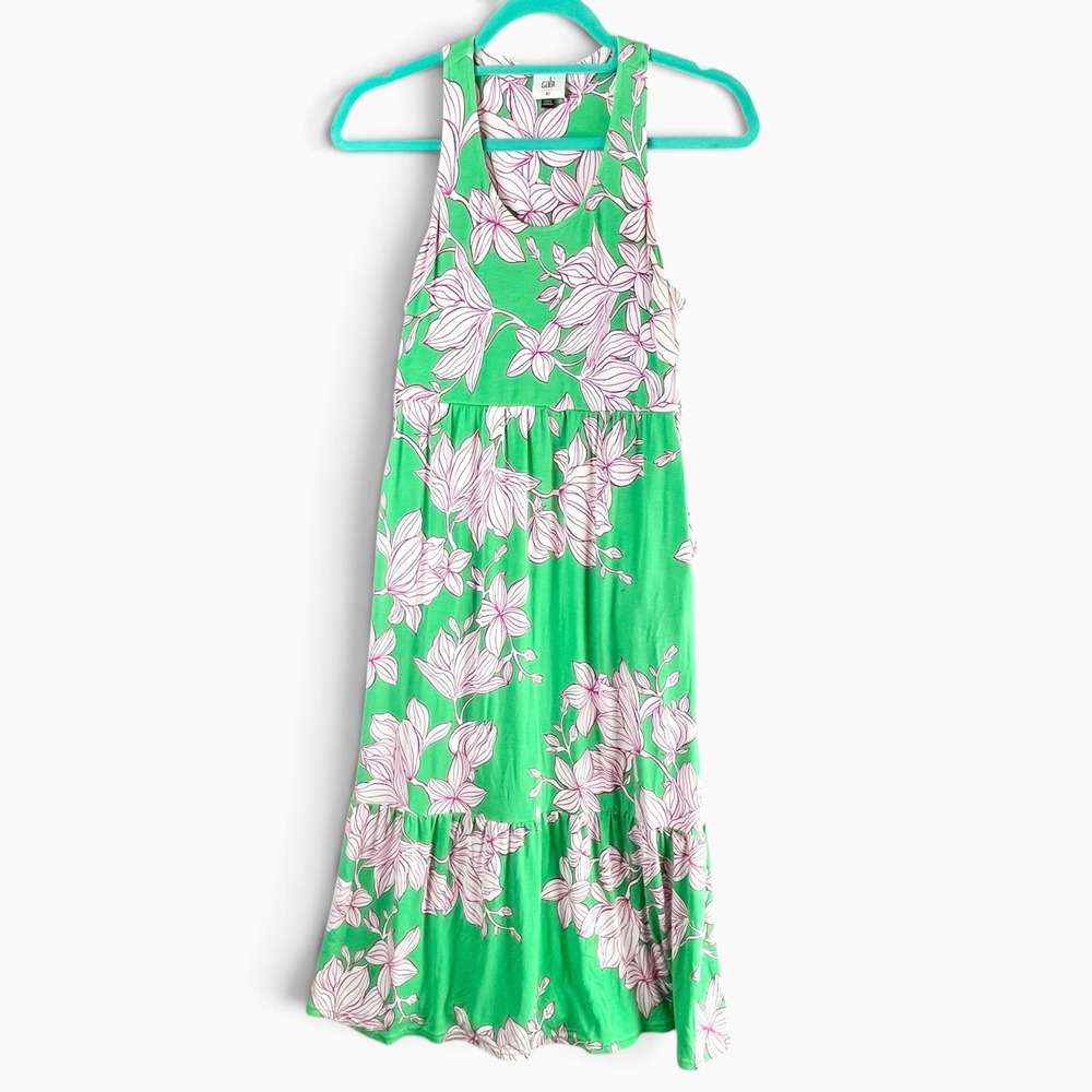 Cabi XS Green Pink Floral Tiered Sleeveless Midi Dress 6217